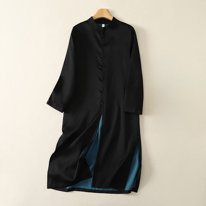Buddha Stones Spring Fall Tang Style Elegant Mandarin Collar Side Slit Solid Women's Long Sleeve Dresses - Black - US12, UK/AU16, EU44 (2XL) - image 0