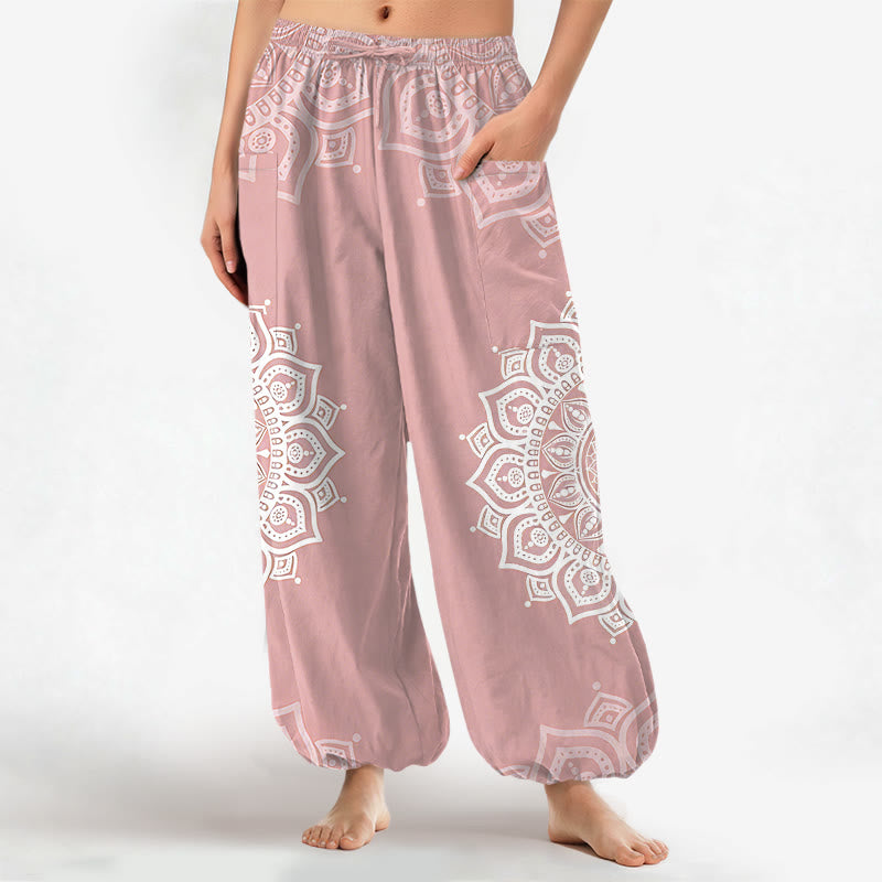 Buddha Stones Cotton Boho White Mandala Pattern Women's Elastic Waist Harem Pants With Side Pockets - LightPink - US16，UK/AU20，EU48 (3XL) - image 0