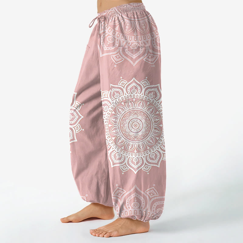 Buddha Stones Cotton Boho White Mandala Pattern Women's Elastic Waist Harem Pants With Side Pockets - image 1