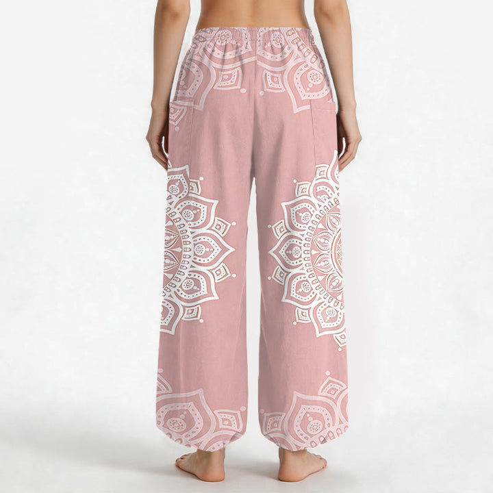 Buddha Stones Cotton Boho White Mandala Pattern Women's Elastic Waist Harem Pants With Side Pockets - image 2