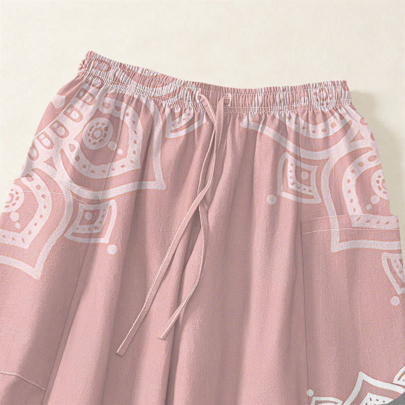 Buddha Stones Cotton Boho White Mandala Pattern Women's Elastic Waist Harem Pants With Side Pockets - image 4