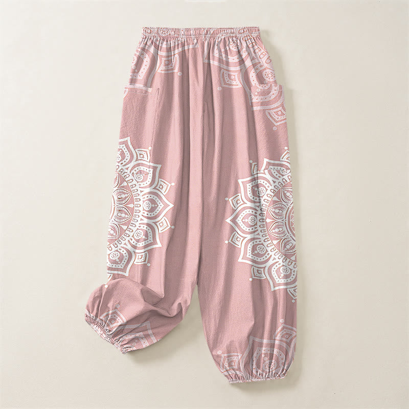 Buddha Stones Cotton Boho White Mandala Pattern Women's Elastic Waist Harem Pants With Side Pockets - image 3