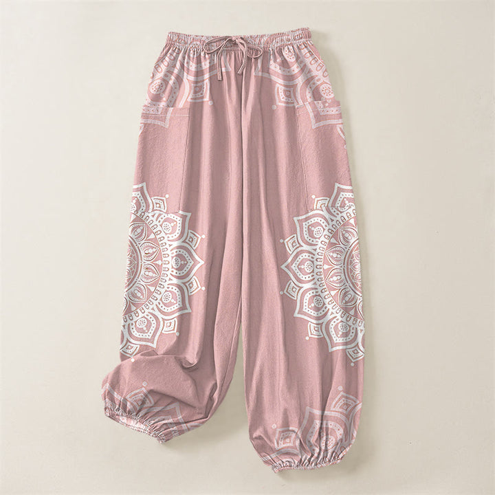 Buddha Stones Cotton Boho White Mandala Pattern Women's Elastic Waist Harem Pants With Side Pockets - image 6