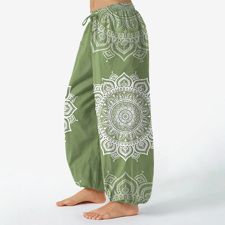 Buddha Stones Cotton Boho White Mandala Pattern Women's Elastic Waist Harem Pants With Side Pockets - image 8