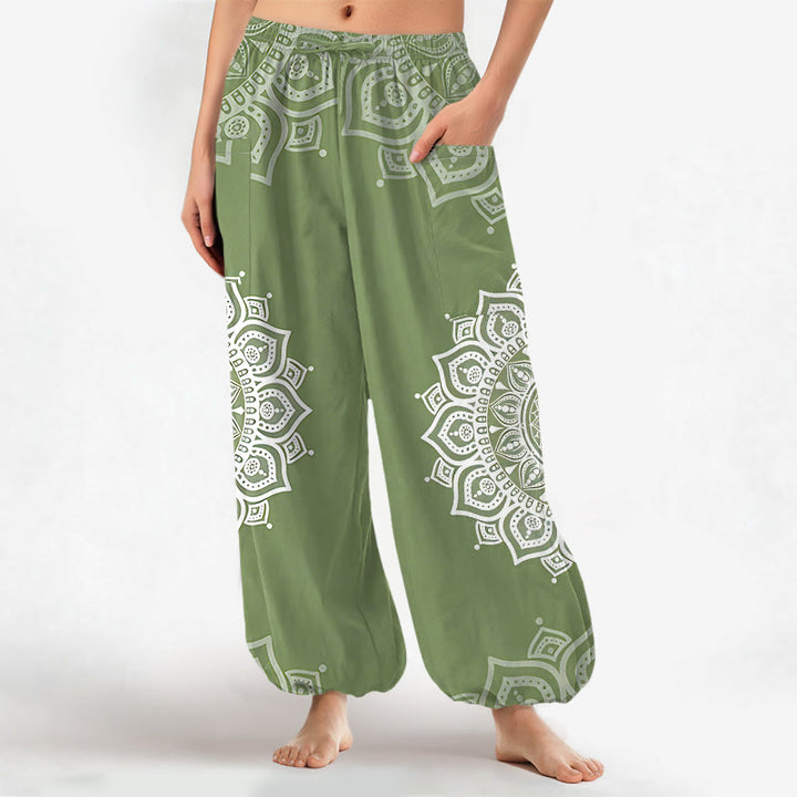 Buddha Stones Cotton Boho White Mandala Pattern Women's Elastic Waist Harem Pants With Side Pockets - DarkSeaGreen - US16，UK/AU20，EU48 (3XL) - image 7