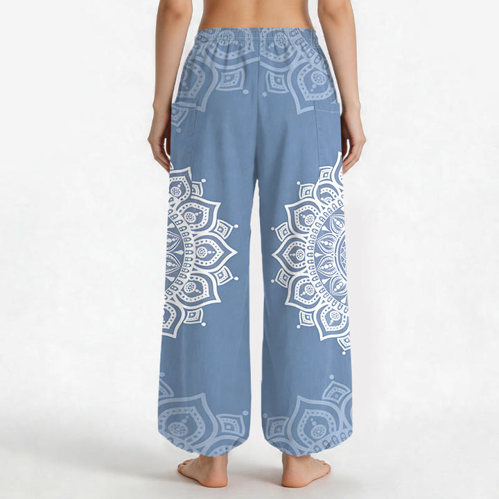 Buddha Stones Cotton Boho White Mandala Pattern Women's Elastic Waist Harem Pants With Side Pockets - image 12
