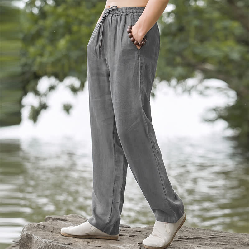 Buddha Stones Fall Casual Plain Drawstring Solid Long Pants Men's Straight Leg Pants With Pocket - image 22