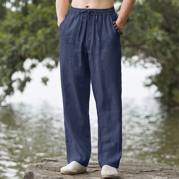Buddha Stones Fall Casual Plain Drawstring Solid Long Pants Men's Straight Leg Pants With Pocket - MidnightBlue - US/UK/AU42, EU52 (3XL) - image 11
