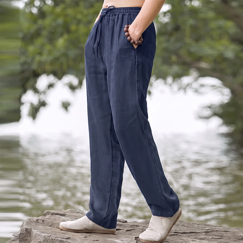 Buddha Stones Fall Casual Plain Drawstring Solid Long Pants Men's Straight Leg Pants With Pocket - image 12