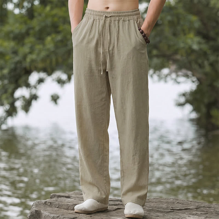 Buddha Stones Fall Casual Plain Drawstring Solid Long Pants Men's Straight Leg Pants With Pocket - Tan - US/UK/AU42, EU52 (3XL) - image 0
