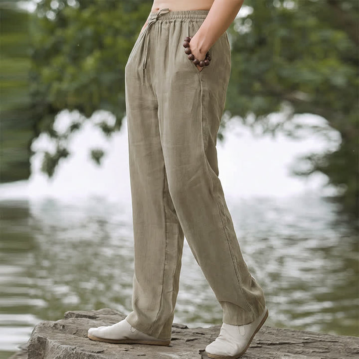 Buddha Stones Fall Casual Plain Drawstring Solid Long Pants Men's Straight Leg Pants With Pocket - image 1