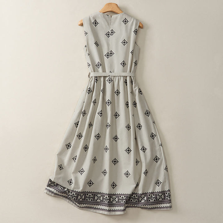 Buddha Stones Summer Boho Drawstring Geometric Print Women's Summer Sleeveless Dress With Pockets - image 1