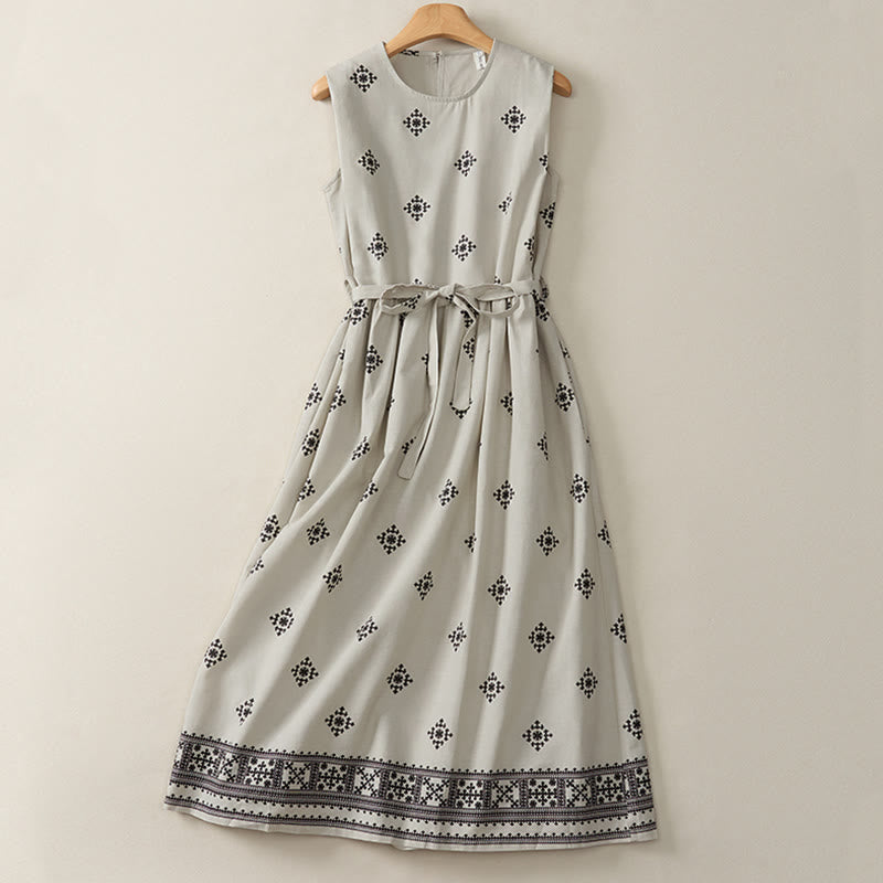 Buddha Stones Summer Boho Drawstring Geometric Print Women's Summer Sleeveless Dress With Pockets - Gainsboro - US12，UK/AU16，EU44 (2XL) - image 0