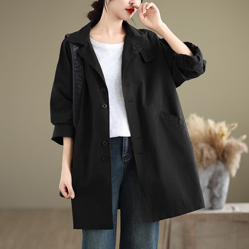 Buddha Stones Spring Fall Casual Minimalist Button-Up Lapel Collar Solid Women's Jacket With Pockets - Black - US12, UK/AU16, EU44 (XL) - image 16