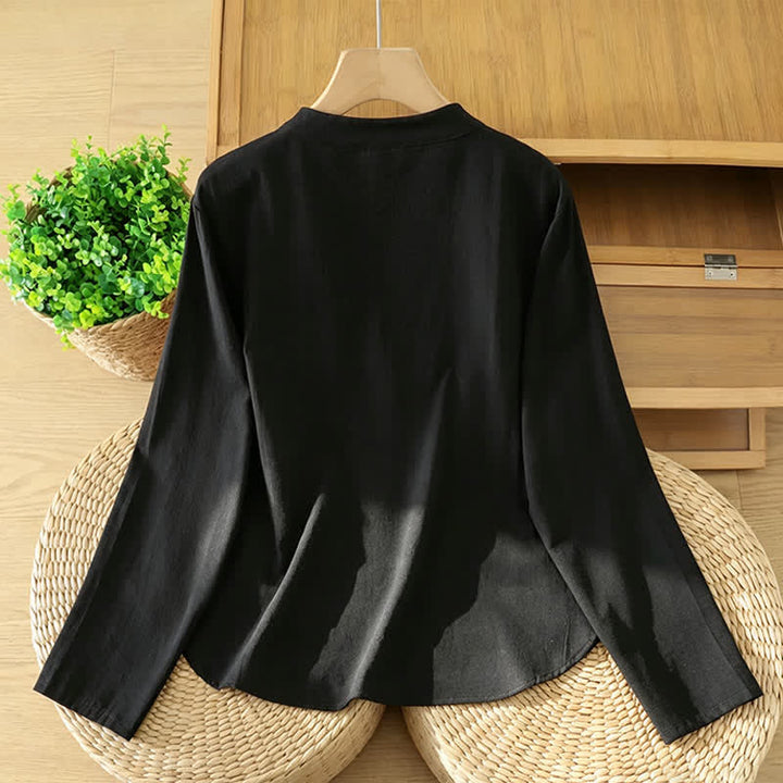 Buddha Stones Fall Casual Vintage Black Tang Style Frog Button Solid Women's Long Sleeve Shirts - image 1