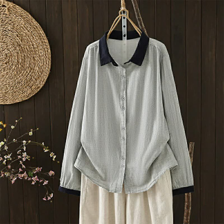 Buddha Stones Spring Casual Vintage Button-Up Contrast Collar Women's Long Sleeve Shirts - image 13