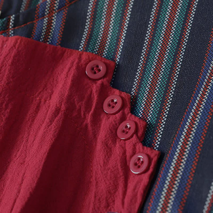 Buddha Stones Fall Tang Style Casual Knot Button Red Colorful Striped Women's Long Sleeve Dress With Pockets - image 4
