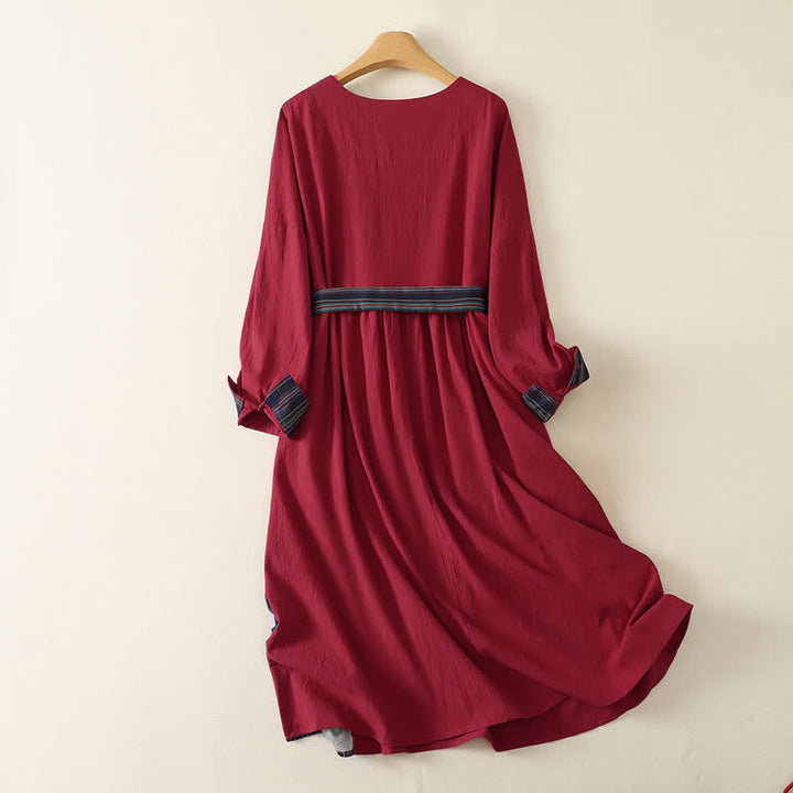 Buddha Stones Fall Tang Style Casual Knot Button Red Colorful Striped Women's Long Sleeve Dress With Pockets - image 1