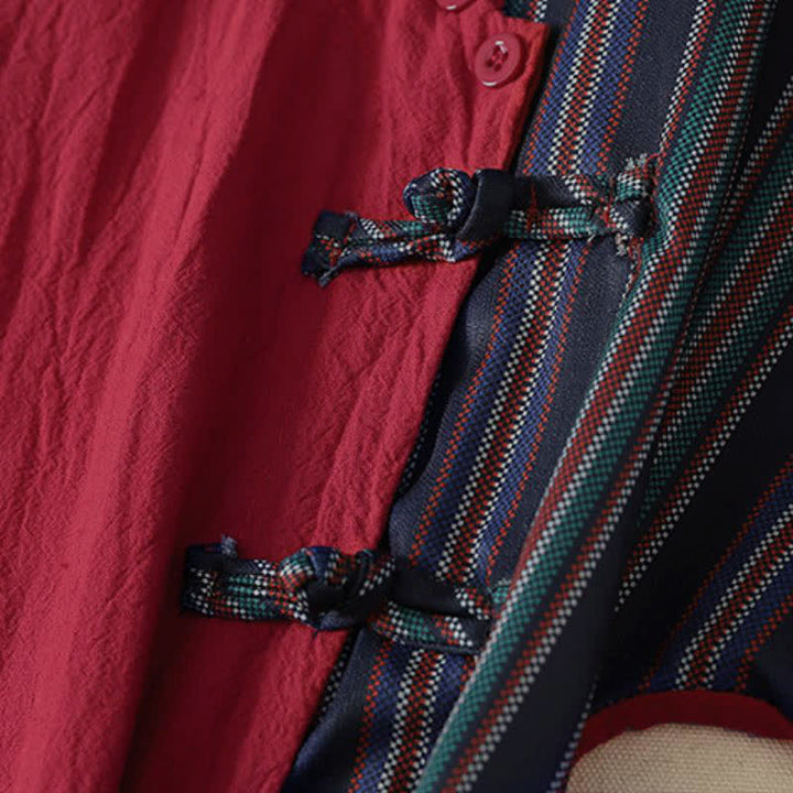 Buddha Stones Fall Tang Style Casual Knot Button Red Colorful Striped Women's Long Sleeve Dress With Pockets - image 5