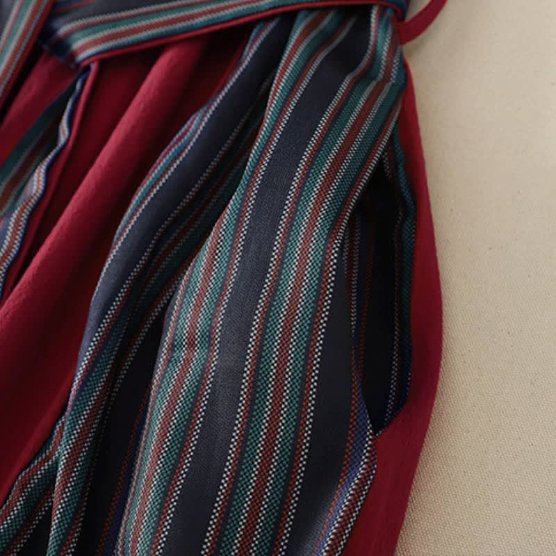 Buddha Stones Fall Tang Style Casual Knot Button Red Colorful Striped Women's Long Sleeve Dress With Pockets - image 8