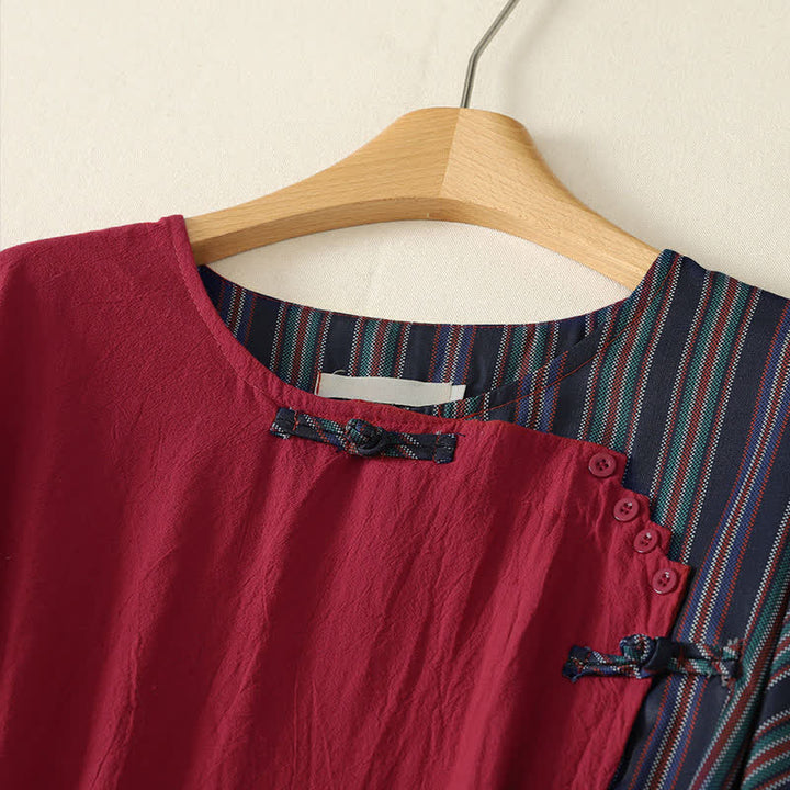 Buddha Stones Fall Tang Style Casual Knot Button Red Colorful Striped Women's Long Sleeve Dress With Pockets - image 2