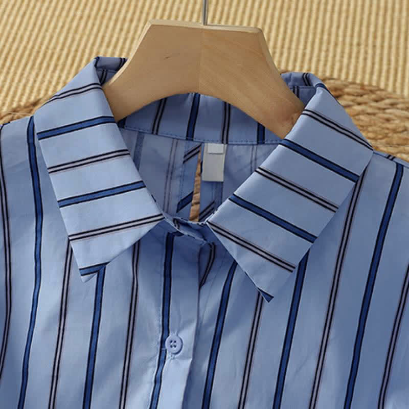 Buddha Stones Spring Casual Minimalist Button-Up Vertical Striped Women's Long Sleeve Shirts - image 1
