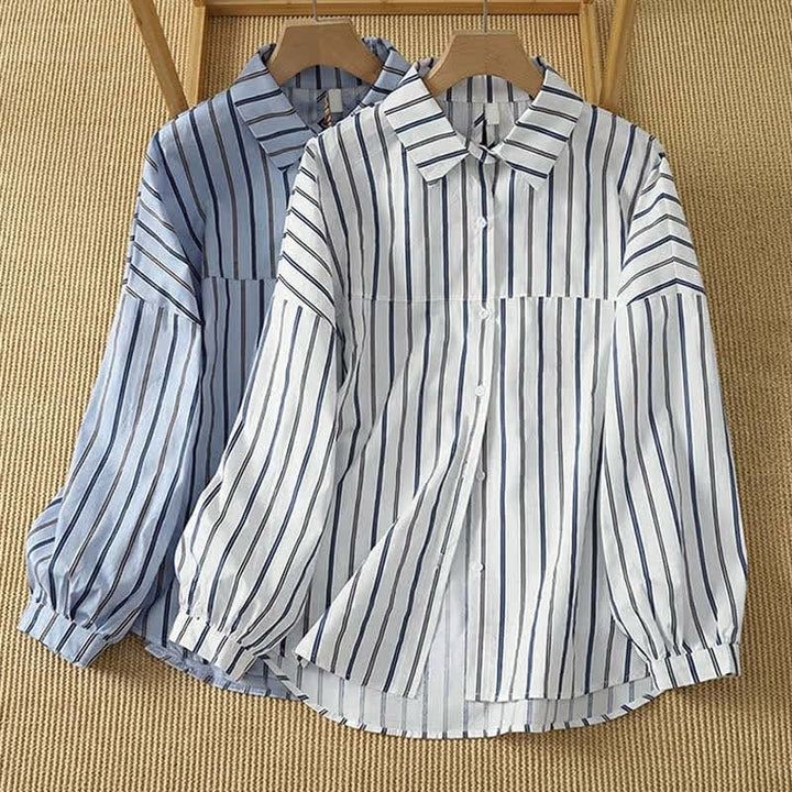 Buddha Stones Spring Casual Minimalist Button-Up Vertical Striped Women's Long Sleeve Shirts - image 13