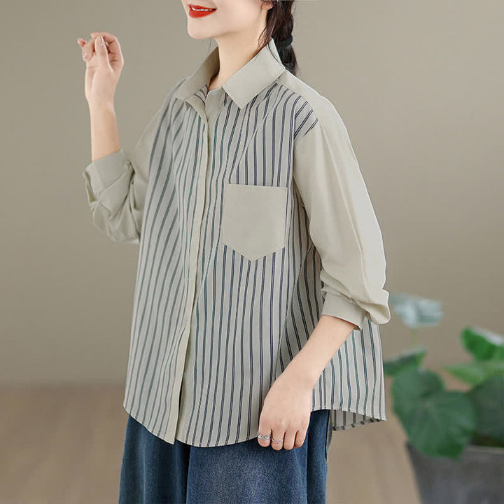 Buddha Stones Spring Casual Minimalist Button-Up Striped Patchwork Women's Long Sleeve Shirts With Patch Pocket - image 8