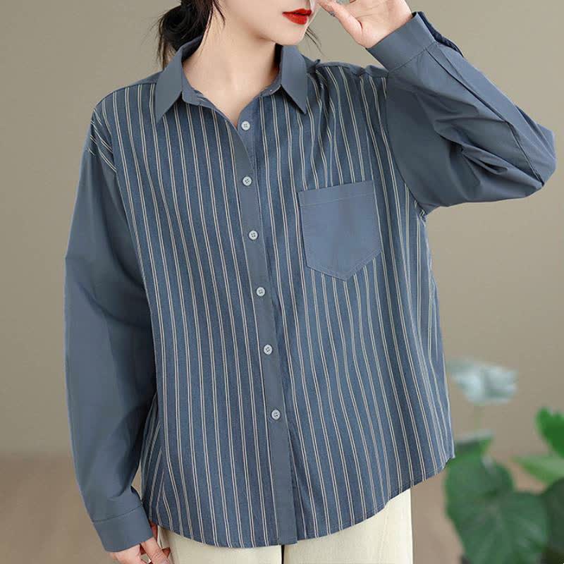 Buddha Stones Spring Casual Minimalist Button-Up Striped Patchwork Women's Long Sleeve Shirts With Patch Pocket - image 2