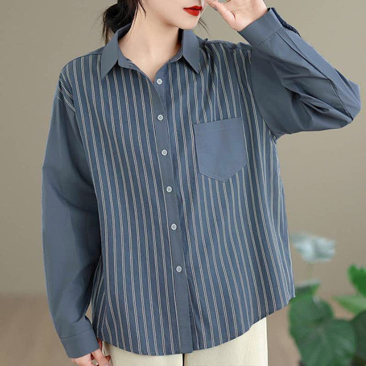 Buddha Stones Spring Casual Minimalist Button-Up Striped Patchwork Women's Long Sleeve Shirts With Patch Pocket - image 2