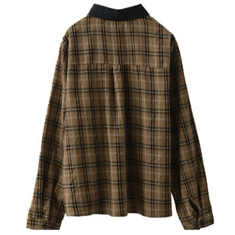 Buddha Stones Fall Casual Vintage Button-Up Contrast Collar Plaid Women's Long Sleeve Shirts - image 4