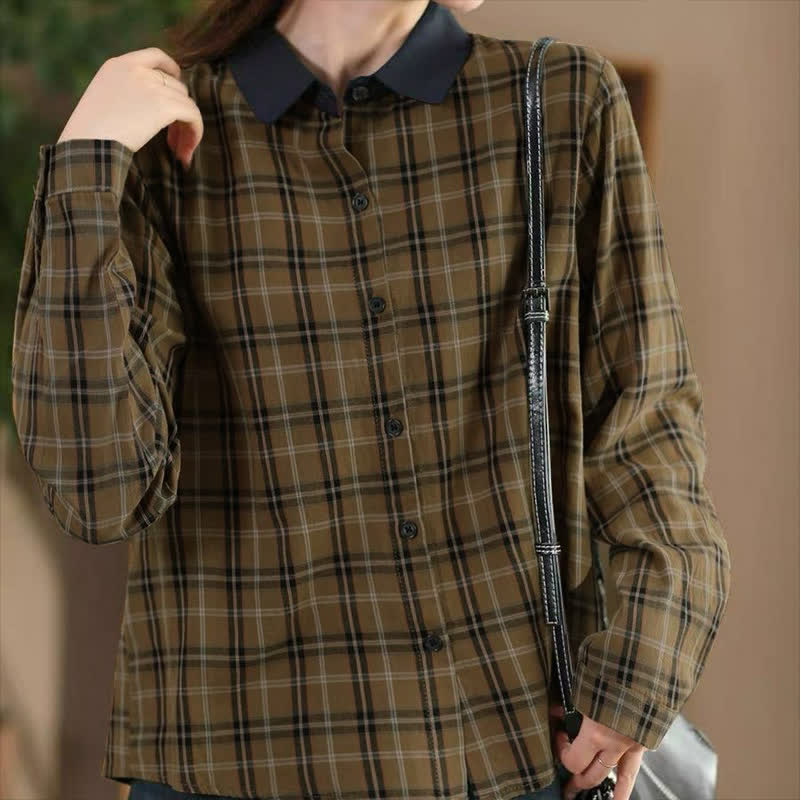 Buddha Stones Fall Casual Vintage Button-Up Contrast Collar Plaid Women's Long Sleeve Shirts - DarkKhaki - US8-10, UK/AU12-14, EU40-42 (2XL) - image 0
