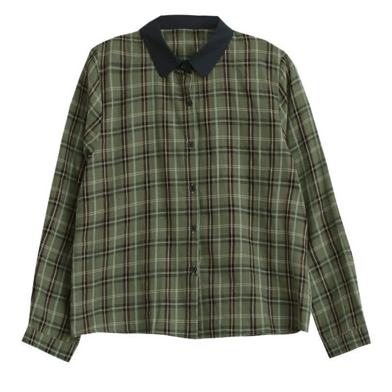 Buddha Stones Fall Casual Vintage Button-Up Contrast Collar Plaid Women's Long Sleeve Shirts - image 11
