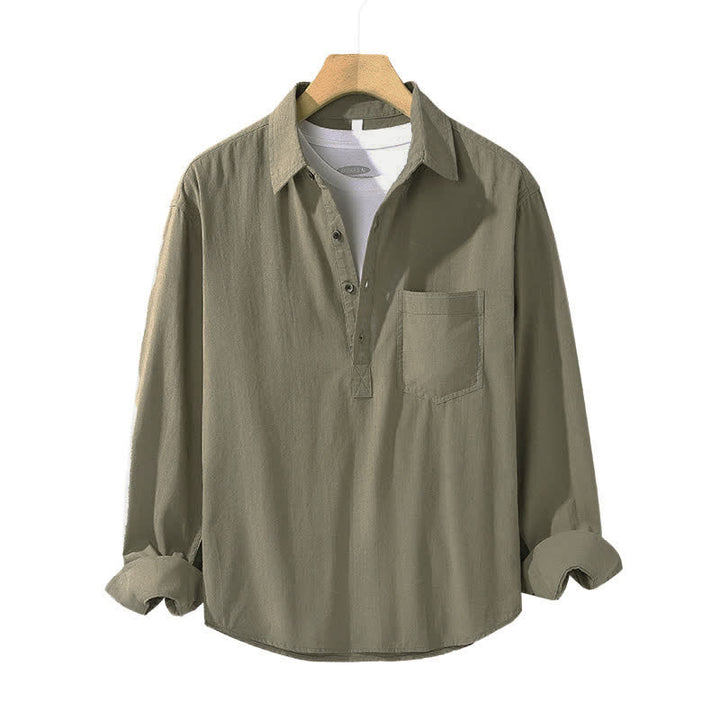 Buddha Stones Spring Fall Casual Button-Up Solid Cotton Men's Long Sleeve Shirts With Patch Pocket - image 6