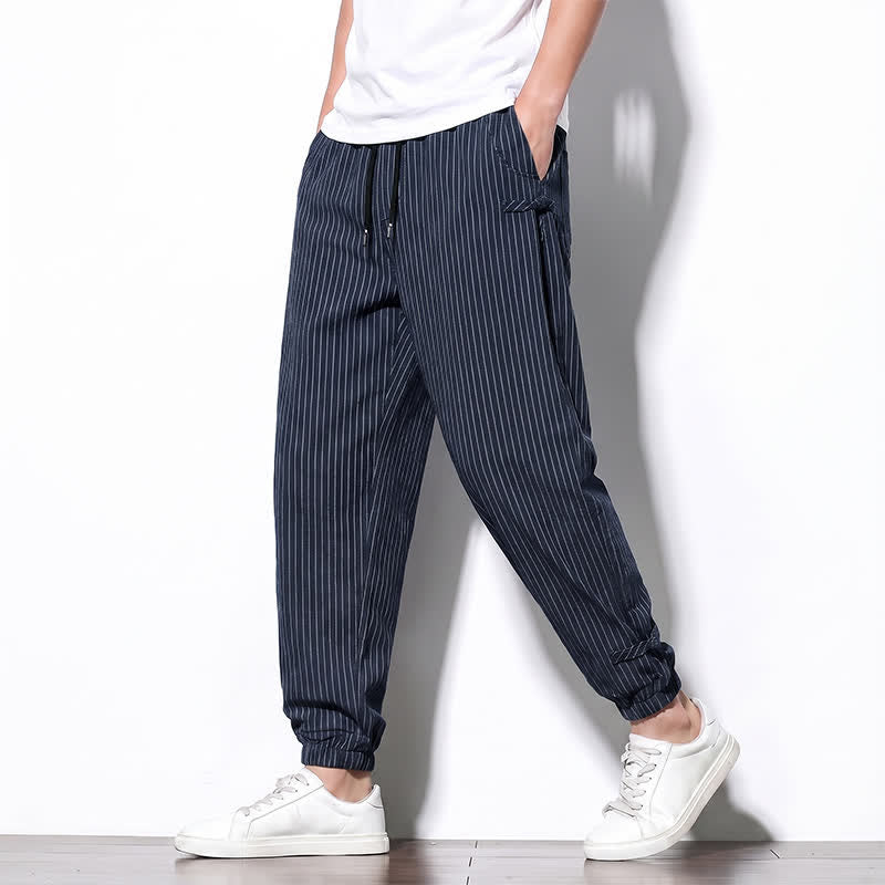 Buddha Stones Spring Summer Basic Drawstring Striped Cropped Pants Men's Tapered Pants With Pockets - image 1