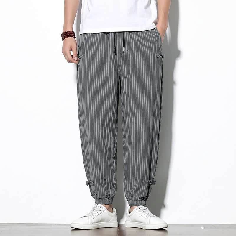 Buddha Stones Spring Summer Basic Drawstring Striped Cropped Pants Men's Tapered Pants With Pockets - DimGray - US/UK/AU46, EU56 (5XL) - image 11