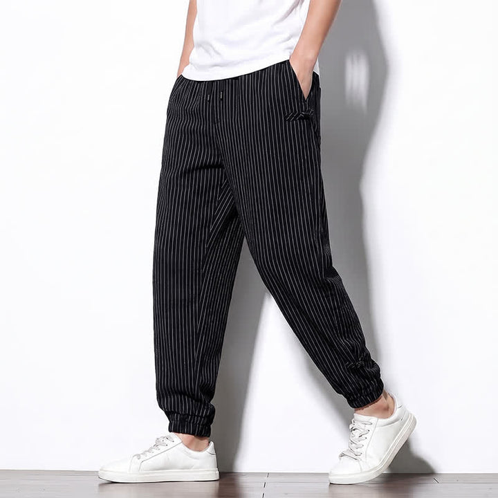 Buddha Stones Spring Summer Basic Drawstring Striped Cropped Pants Men's Tapered Pants With Pockets - image 23