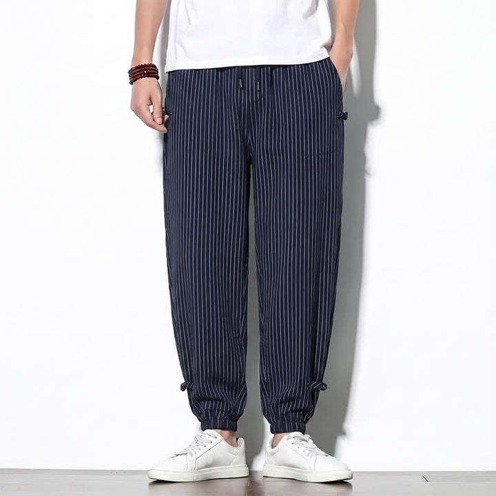 Buddha Stones Spring Summer Basic Drawstring Striped Cropped Pants Men's Tapered Pants With Pockets - MidnightBlue - US/UK/AU46, EU56 (5XL) - image 0