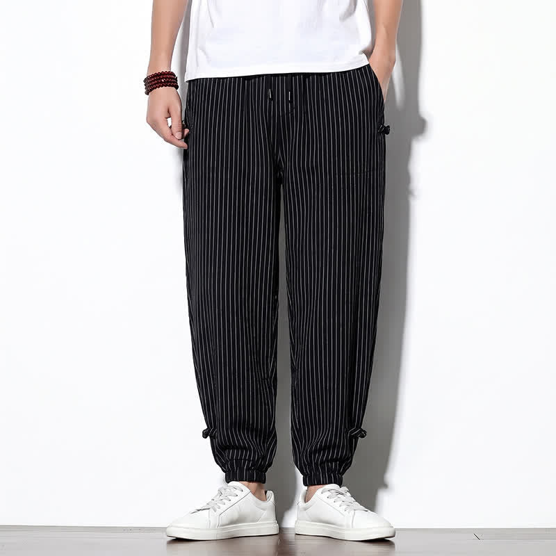 Buddha Stones Spring Summer Basic Drawstring Striped Cropped Pants Men's Tapered Pants With Pockets - Black - US/UK/AU46, EU56 (5XL) - image 22