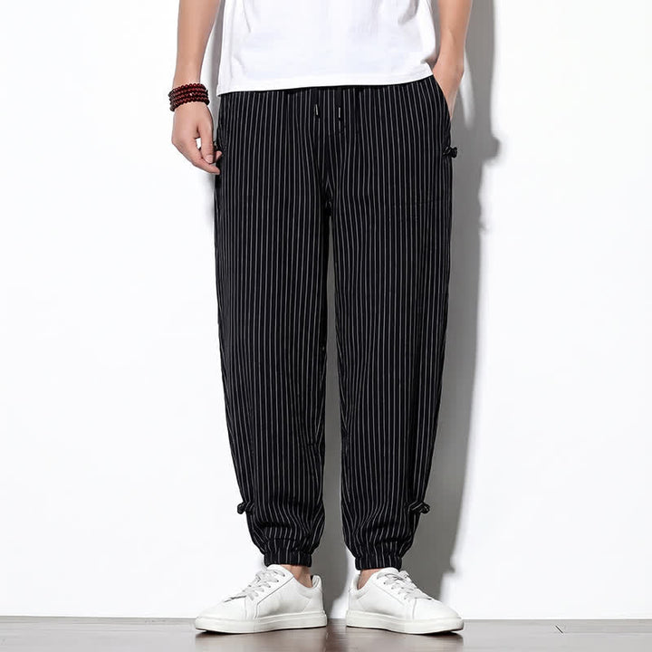 Buddha Stones Spring Summer Basic Drawstring Striped Cropped Pants Men's Tapered Pants With Pockets - Black - US/UK/AU46, EU56 (5XL) - image 22