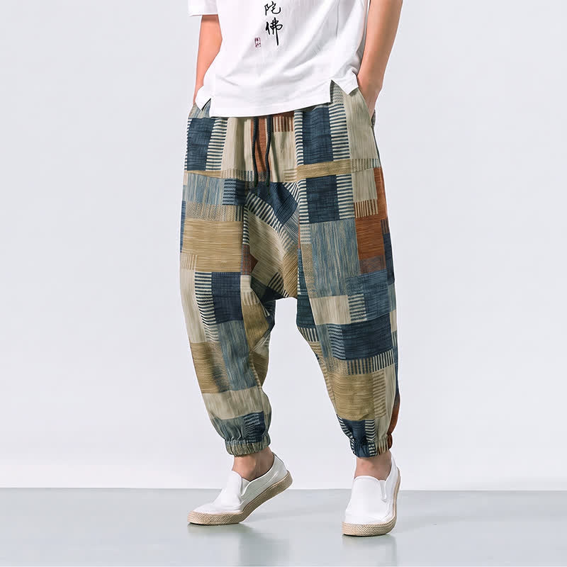 Buddha Stones Spring Summer Casual Boho Drawstring Geometric Long Pants Men's Harem Pants With Pocket - DarkKhaki - US/UK/AU52, EU62 (6XL) - image 0