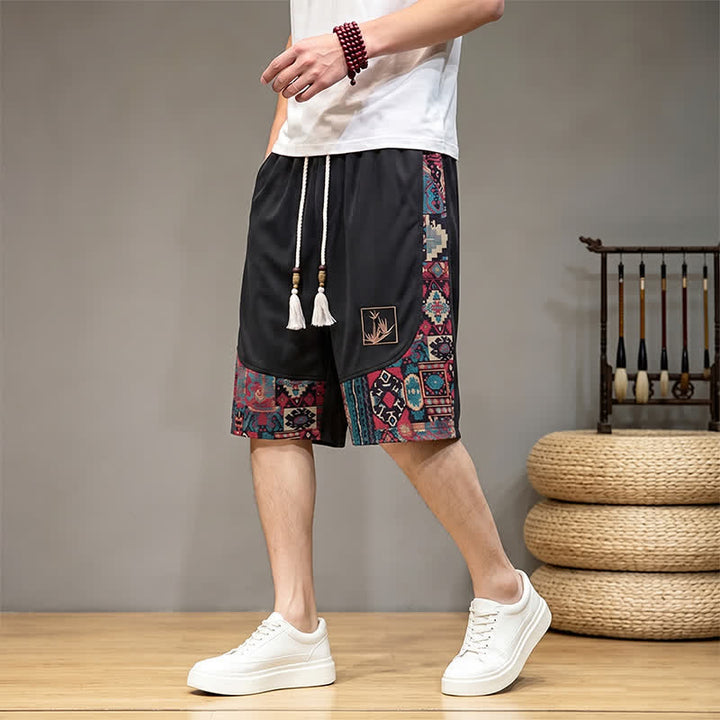 Buddha Stones Summer Boho Drawstring Elastic Waist Geometric Trim Men's Shorts With Pockets - Black - US/UK/AU46, EU56 (5XL) - image 10