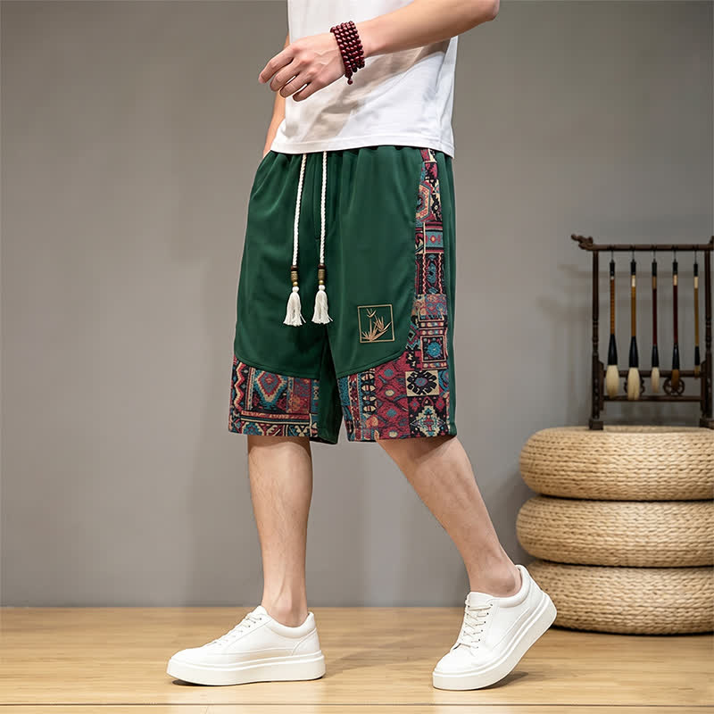 Buddha Stones Summer Boho Drawstring Elastic Waist Geometric Trim Men's Shorts With Pockets - ForestGreen - US/UK/AU46, EU56 (5XL) - image 0
