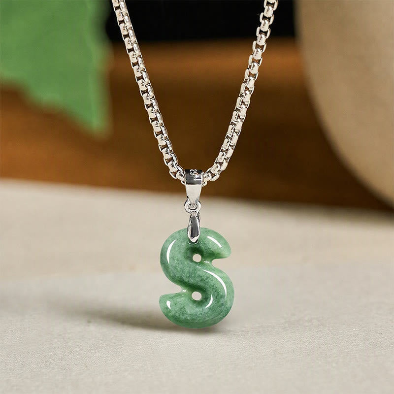 Buddha Stones Natural A-Z Letter Jade Titanium Steel Wide Chain Prosperity Necklace Pendant - S - image 27