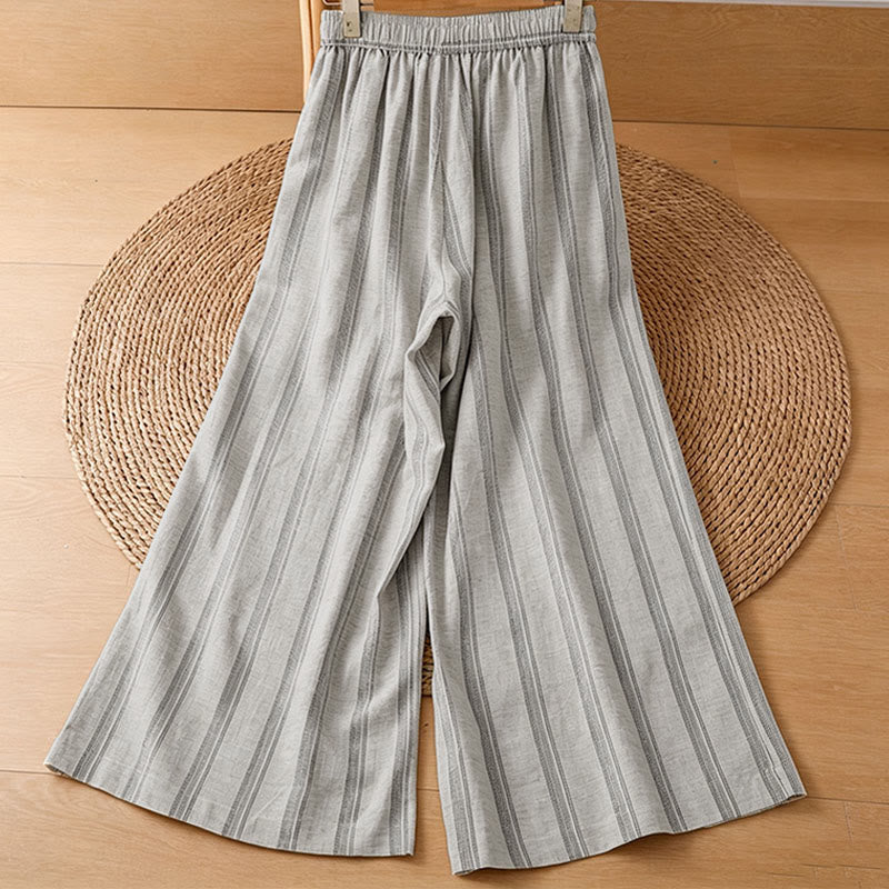 Buddha Stones Spring Summer Casual Drawstring Striped Cropped Pants Women's Wide Leg Pants With Pockets - image 1