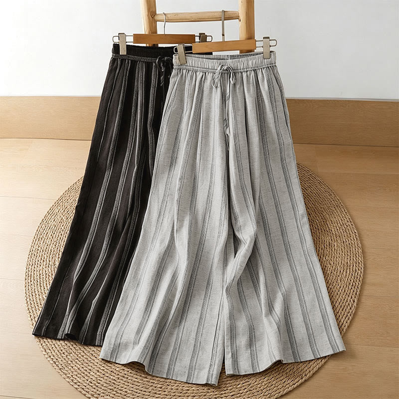 Buddha Stones Spring Summer Casual Drawstring Striped Cropped Pants Women's Wide Leg Pants With Pockets - image 17