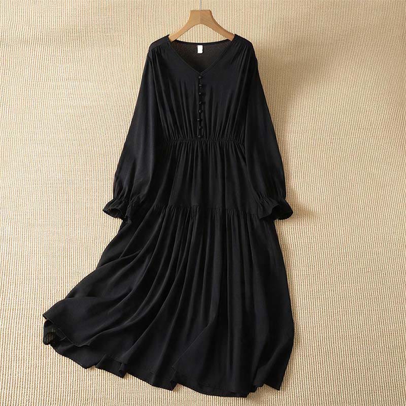 Buddha Stones Spring Boho Button-Up Solid Women's Long Sleeve Dress With Pocket - Black - US8-10, UK/AU12-14, EU40-42 (2XL) - image 8