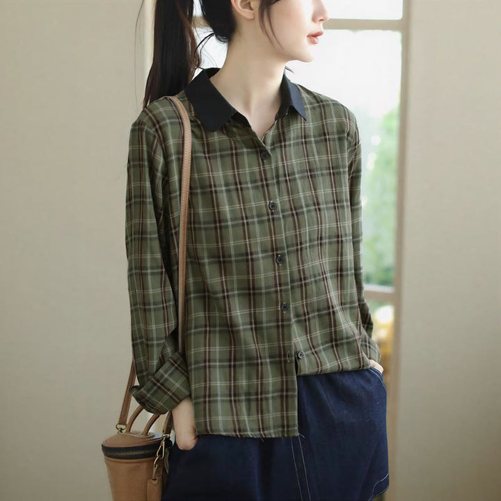 Buddha Stones Fall Casual Vintage Button-Up Contrast Collar Plaid Women's Long Sleeve Shirts - image 9