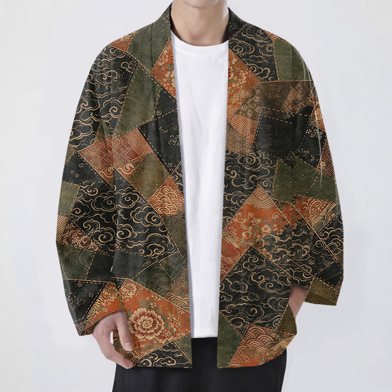 Buddha Stones Cotton Vintage Patchwork Waves Pattern Open Front Men's Kimono - Black - US/UK/AU48，EU58 (4XL) - image 0