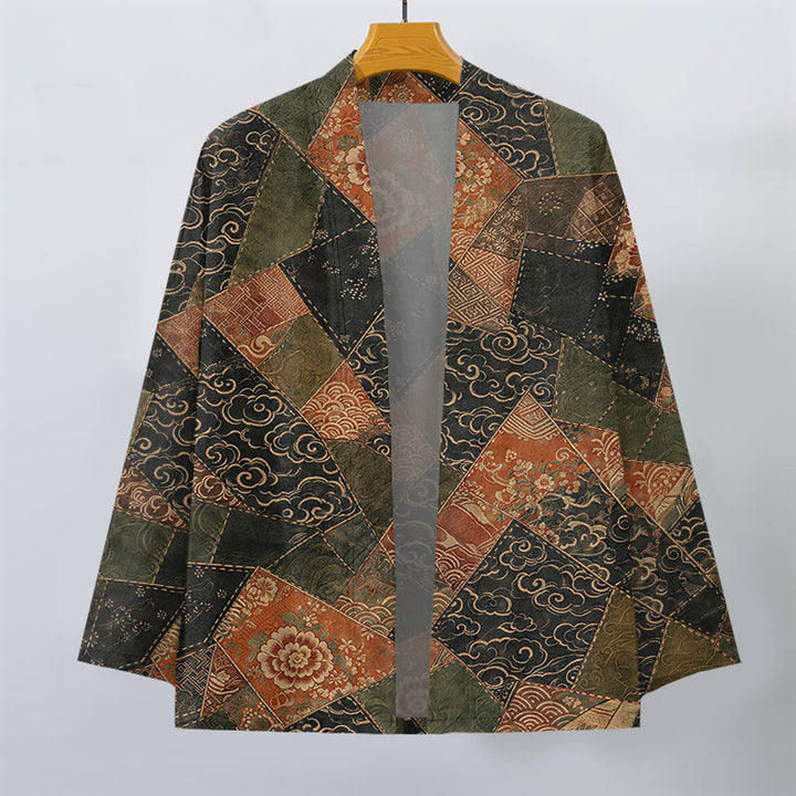 Buddha Stones Cotton Vintage Patchwork Waves Pattern Open Front Men's Kimono - image 1